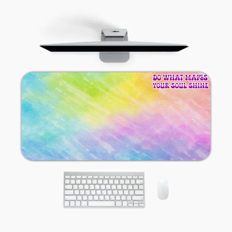 Infidu Rainbow Watercolor Desk Pad with colorful rainbow shades and the motivational quote "Do What Makes Your Soul Shine" in pink and white.