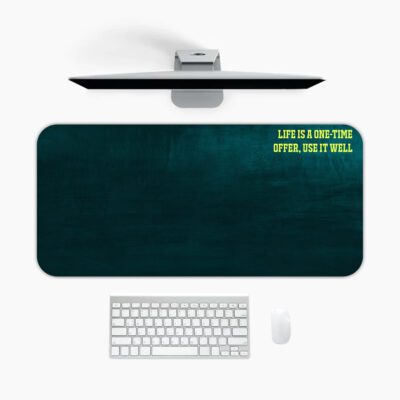 Infidu dark teal desk pad with yellow motivational quote and vintage textured design.