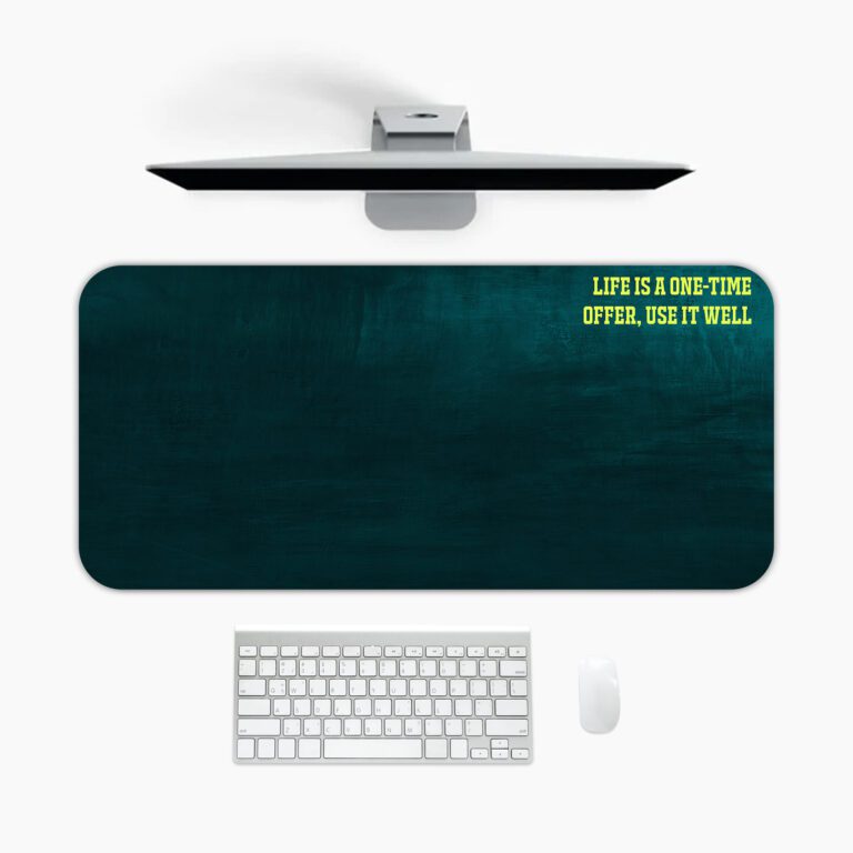Infidu dark teal desk pad with yellow motivational quote and vintage textured design.