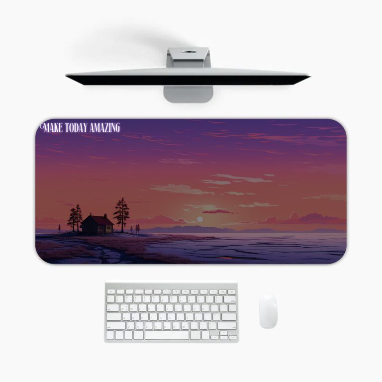 Infidu sunset desk pad with house silhouette and “MAKE TIME VALUE” quote on a warm purple-orange evening sky background.