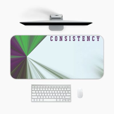 Infidu motivational desk pad with geometric burst and “CONSISTENCY” quote in purple on a light blue and white background.