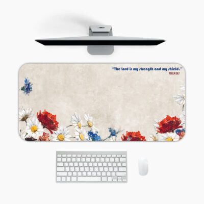 Infidu floral desk pad with Psalms 28:7 Bible verse and colorful vintage-style flowers on a soft beige background.