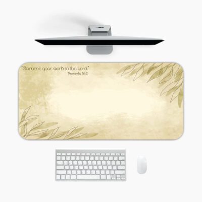 Infidu beige desk pad with green leaves and Bible verse from Proverbs 19:21