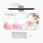 Soft floral desk pad with white flowers and Exodus 14:14 Bible verse in pastel pink, green, and white background.
