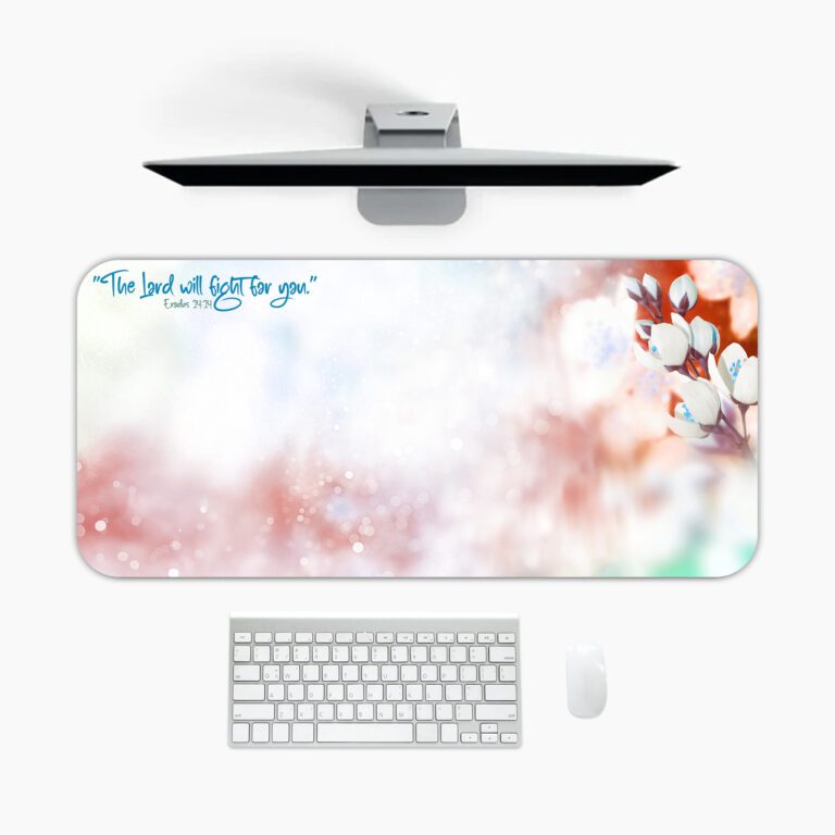 Soft floral desk pad with white flowers and Exodus 14:14 Bible verse in pastel pink, green, and white background.