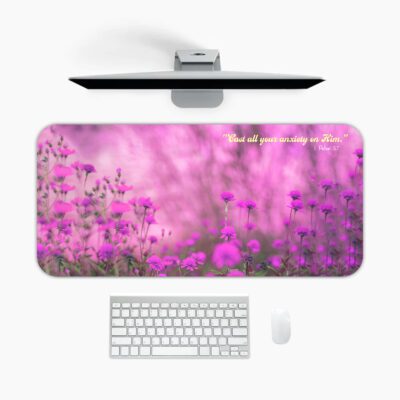 Infidu soft pink and purple floral desk pad with Bible verse "The Lord goes with you" from Deuteronomy 31:6