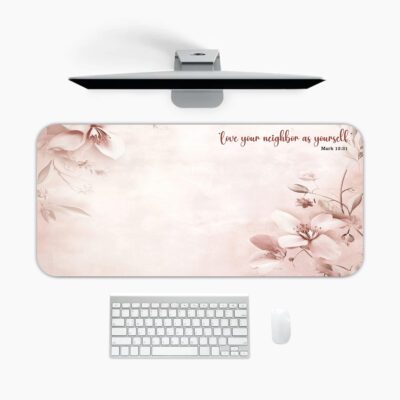 Infidu pink floral desk pad featuring Mark 12:31 scripture with delicate flower illustrations and a soft gradient pink background.