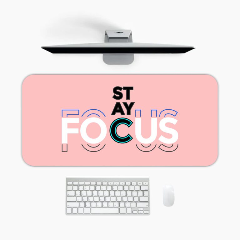 Infidu pastel pink desk pad with bold “STAY FOCUS” quote in colorful typography