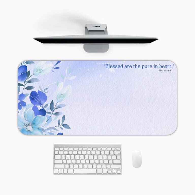 Infidu desk pad with lavender gradient, floral art, and Matthew 5:8 quote for a peaceful, inspirational workspace.