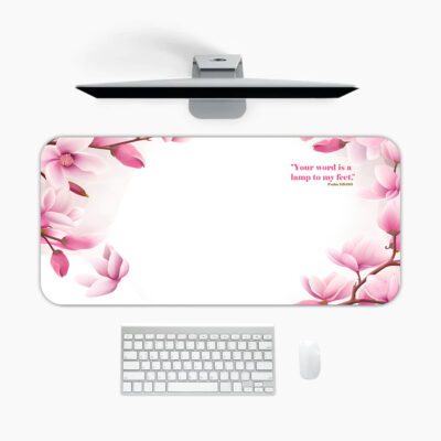White desk pad with pink magnolia flowers and joyful scripture quote
