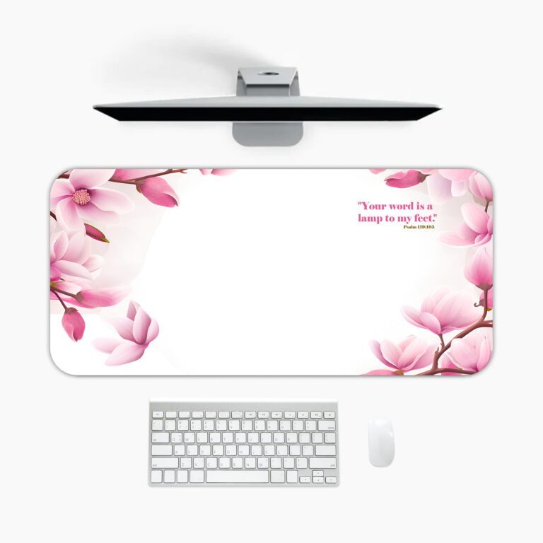 White desk pad with pink magnolia flowers and joyful scripture quote