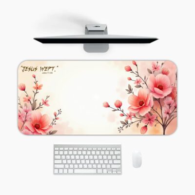 Infidu floral desk pad with pink flowers, soft peach background, and “Jesus First” quote in elegant script.