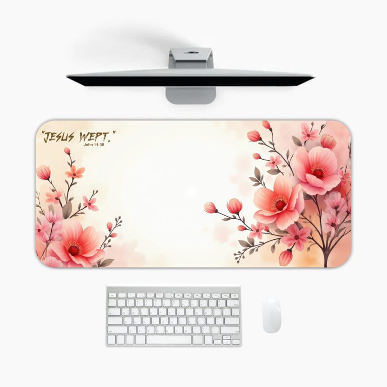 Infidu floral desk pad with pink flowers, soft peach background, and “Jesus First” quote in elegant script.