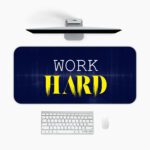 Infidu navy blue desk pad with bold “WORK HARD” text in white and yellow on a textured background.