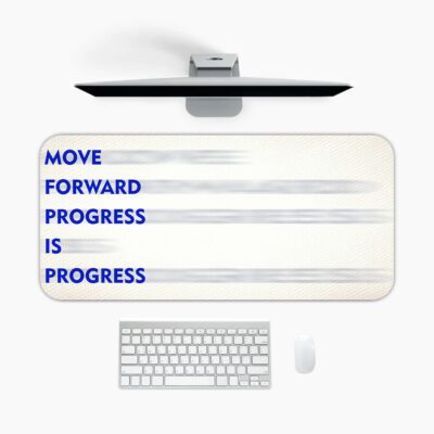 Infidu minimal cream desk pad with blue motivational quote "MOVE FORWARD PROGRESS IS PROGRESS" and subtle gray brush accents