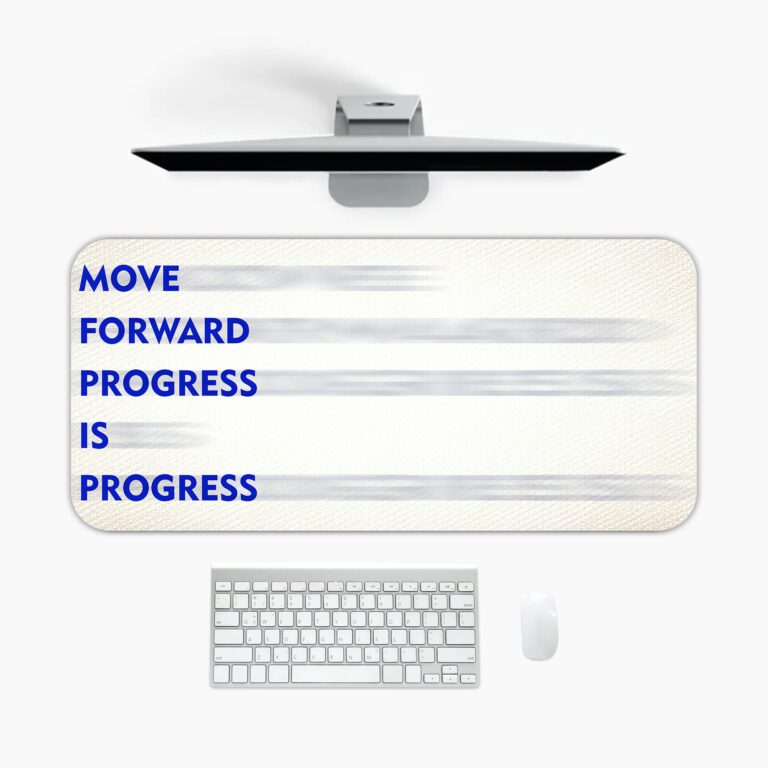 Infidu minimal cream desk pad with blue motivational quote "MOVE FORWARD PROGRESS IS PROGRESS" and subtle gray brush accents