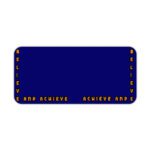 Infidu blue desk pad with “Believe and Achieve” quote in bold orange text on a deep blue background.