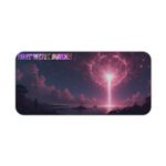 Infidu futuristic desk pad with glowing pink energy beam and cosmic background in vivid tones.