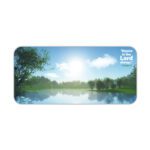 Infidu Calm Nature Desk Pad featuring a serene lake, green trees, and Philippians 4:4 Bible verse in white and light blue fonts.