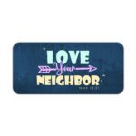 Infidu navy desk pad with “Love Your Neighbor” Bible verse in colorful vintage lettering on a textured blue background.