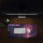 Infidu futuristic desk pad with glowing pink energy beam and cosmic background in vivid tones.