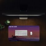 Infidu sunset desk pad with house silhouette and “MAKE TIME VALUE” quote on a warm purple-orange evening sky background.