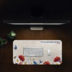 Infidu floral desk pad with Psalms 28:7 Bible verse and colorful vintage-style flowers on a soft beige background.