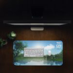 Infidu Calm Nature Desk Pad featuring a serene lake, green trees, and Philippians 4:4 Bible verse in white and light blue fonts.