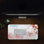Soft floral desk pad with white flowers and Exodus 14:14 Bible verse in pastel pink, green, and white background.