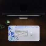 Infidu desk pad with lavender gradient, floral art, and Matthew 5:8 quote for a peaceful, inspirational workspace.