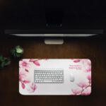 White desk pad with pink magnolia flowers and joyful scripture quote
