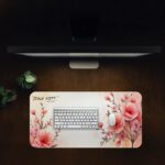 Infidu floral desk pad with pink flowers, soft peach background, and “Jesus First” quote in elegant script.