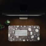 Dark grey desk pad featuring white daisies and the Bible verse "Ask and it shall be given to you" from Matthew 7:7 in golden cursive.
