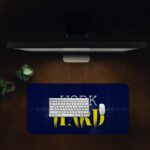 Infidu navy blue desk pad with bold “WORK HARD” text in white and yellow on a textured background.