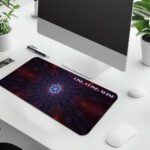 Mandala-style desk pad in deep cosmic colors with Rise. Grind. Shine quote.