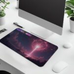 Infidu futuristic desk pad with glowing pink energy beam and cosmic background in vivid tones.