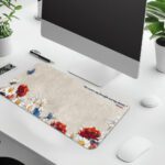 Infidu floral desk pad with Psalms 28:7 Bible verse and colorful vintage-style flowers on a soft beige background.