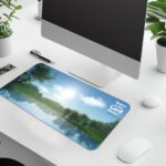 Infidu Calm Nature Desk Pad featuring a serene lake, green trees, and Philippians 4:4 Bible verse in white and light blue fonts.