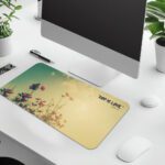Vintage-style desk pad with wildflowers, sunrise background, and the quote “GOD IS LOVE” in black font.
