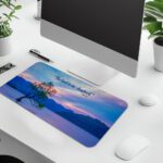 Scenic desk pad with Bible verse and serene lake, tree, and pastel sky design.