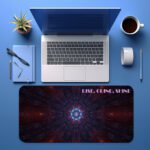 Mandala-style desk pad in deep cosmic colors with Rise. Grind. Shine quote.