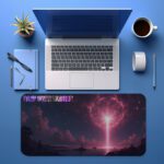 Infidu futuristic desk pad with glowing pink energy beam and cosmic background in vivid tones.