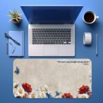 Infidu floral desk pad with Psalms 28:7 Bible verse and colorful vintage-style flowers on a soft beige background.