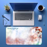 Soft floral desk pad with white flowers and Exodus 14:14 Bible verse in pastel pink, green, and white background.
