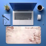 Infidu pink floral desk pad featuring Mark 12:31 scripture with delicate flower illustrations and a soft gradient pink background.