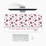 Infidu white and red desk pad with Genesis 1:1 Bible verse and scattered heart design