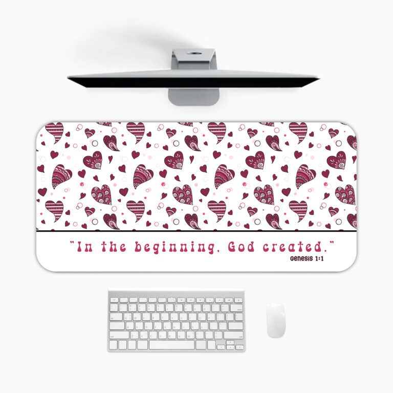 Infidu white and red desk pad with Genesis 1:1 Bible verse and scattered heart design
