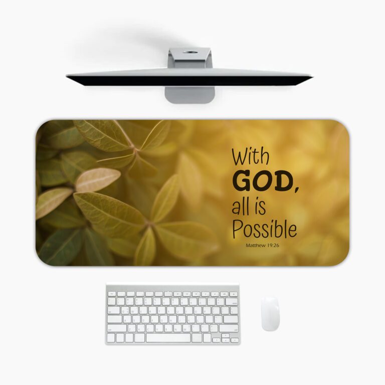 Infidu Golden Faith desk pad with Bible quote and leafy vintage art on a golden background
