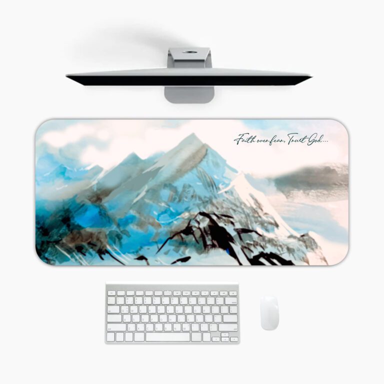 Infidu desk pad with hand-painted snowy mountains and “Faith can be Trusted” quote in soft blue and white tones.