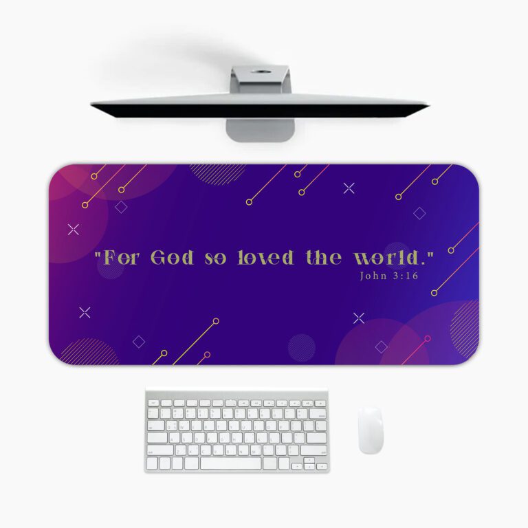Infidu Modern Desk Pad featuring John 3:16 Bible verse on deep purple and magenta abstract geometric background with vintage art style.